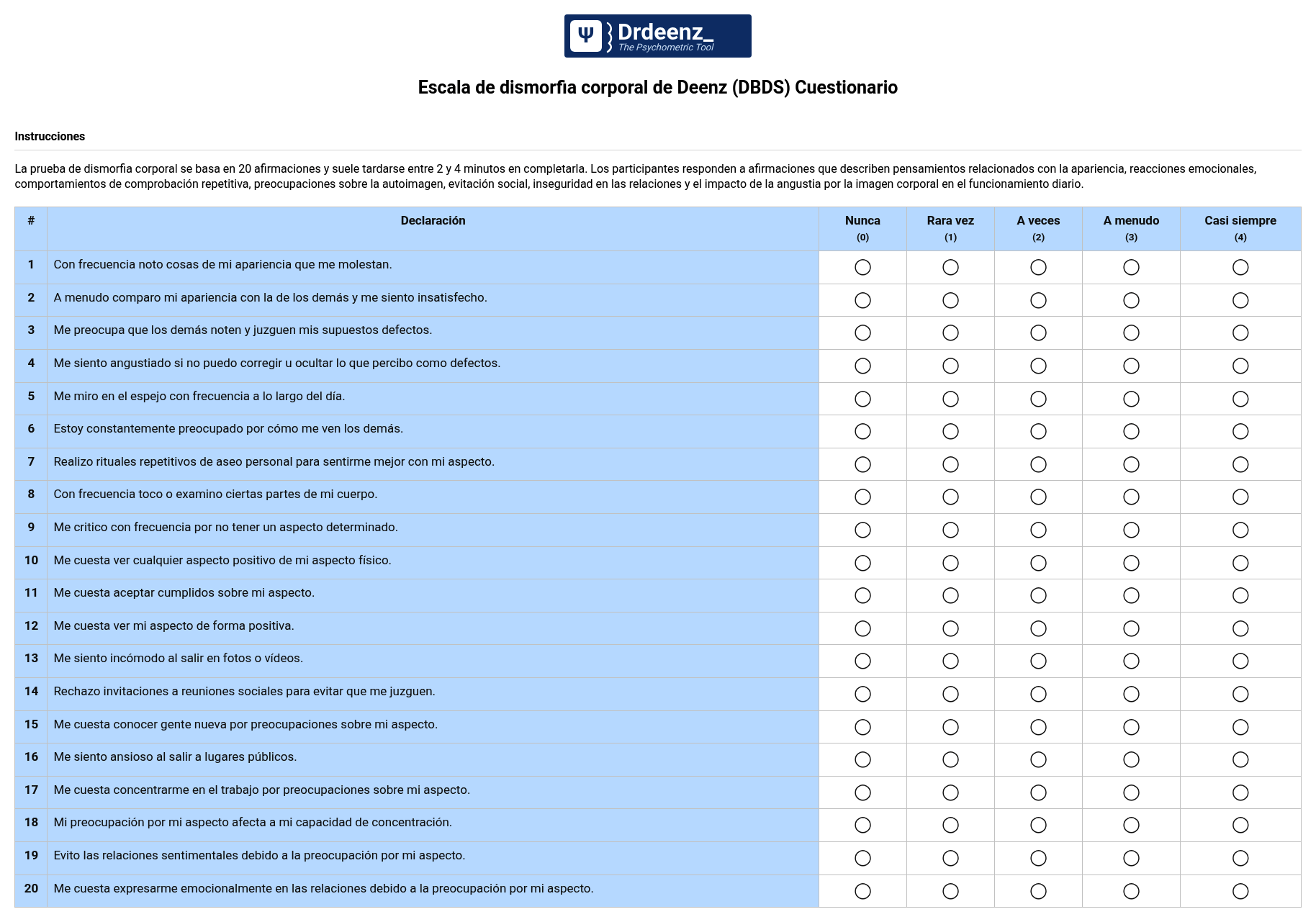 Escala de dismorfia corporal de Deenz (DBDS) Cuestionario en PDF