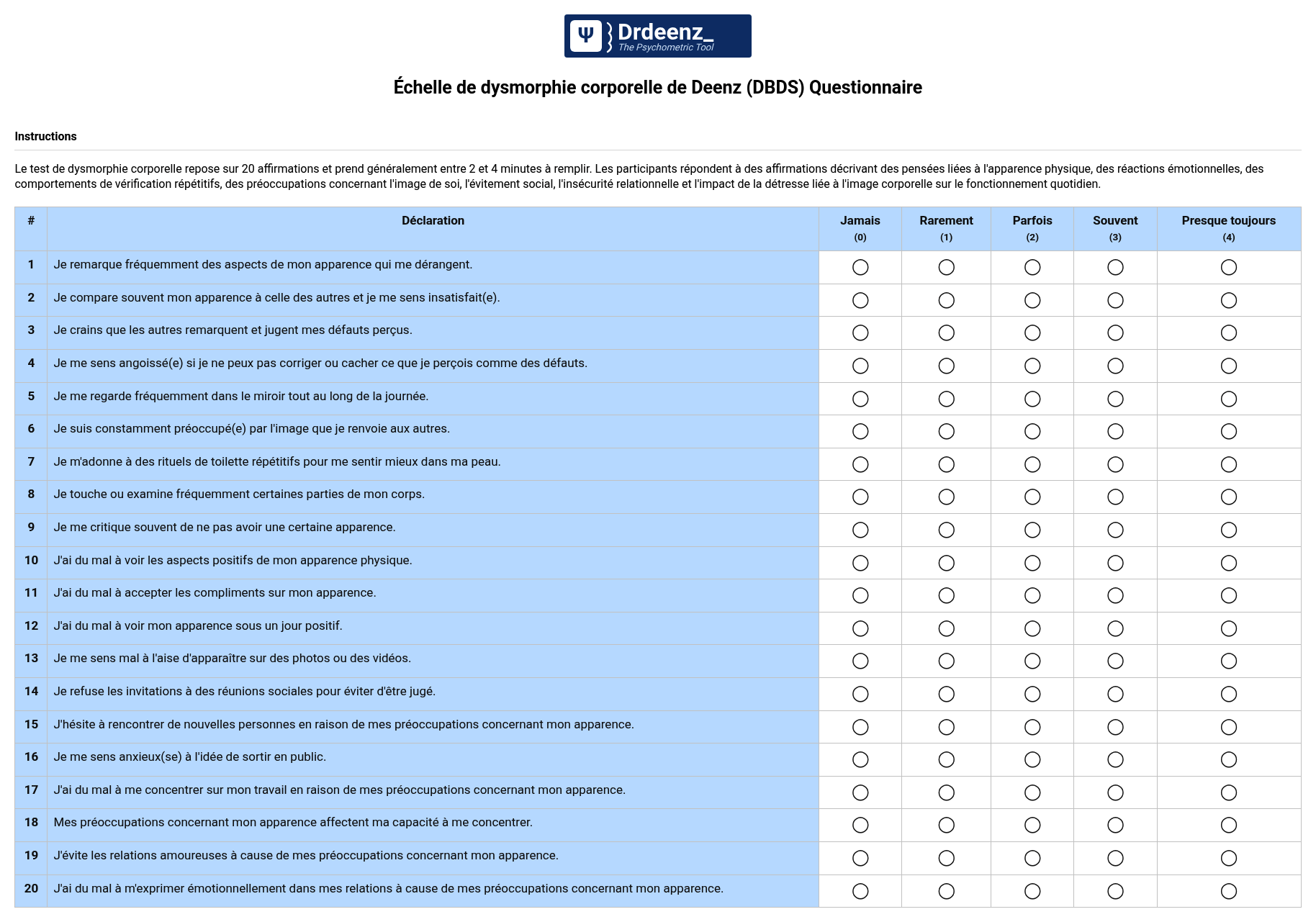 Échelle de dysmorphie corporelle de Deenz (DBDS) Questionnaire au format PDF
