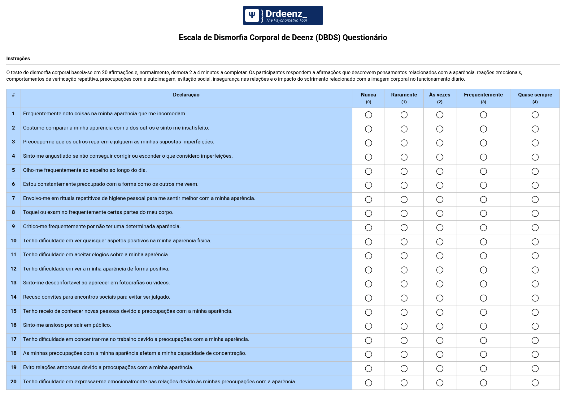 Escala de Dismorfia Corporal de Deenz (DBDS) Questionário em PDF