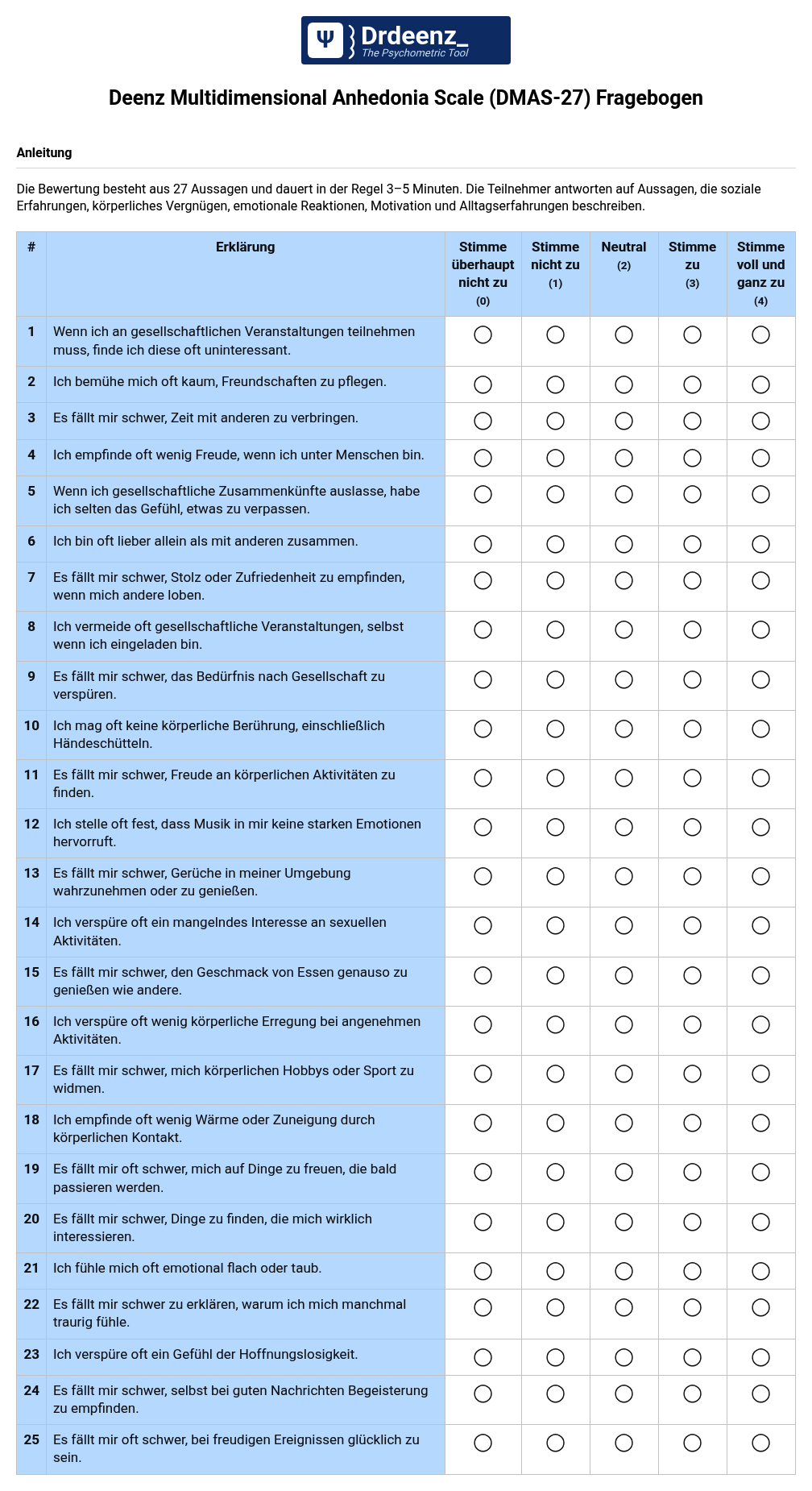 Deenz Multidimensional Anhedonia Scale (DMAS-27) Fragebogen (PDF)