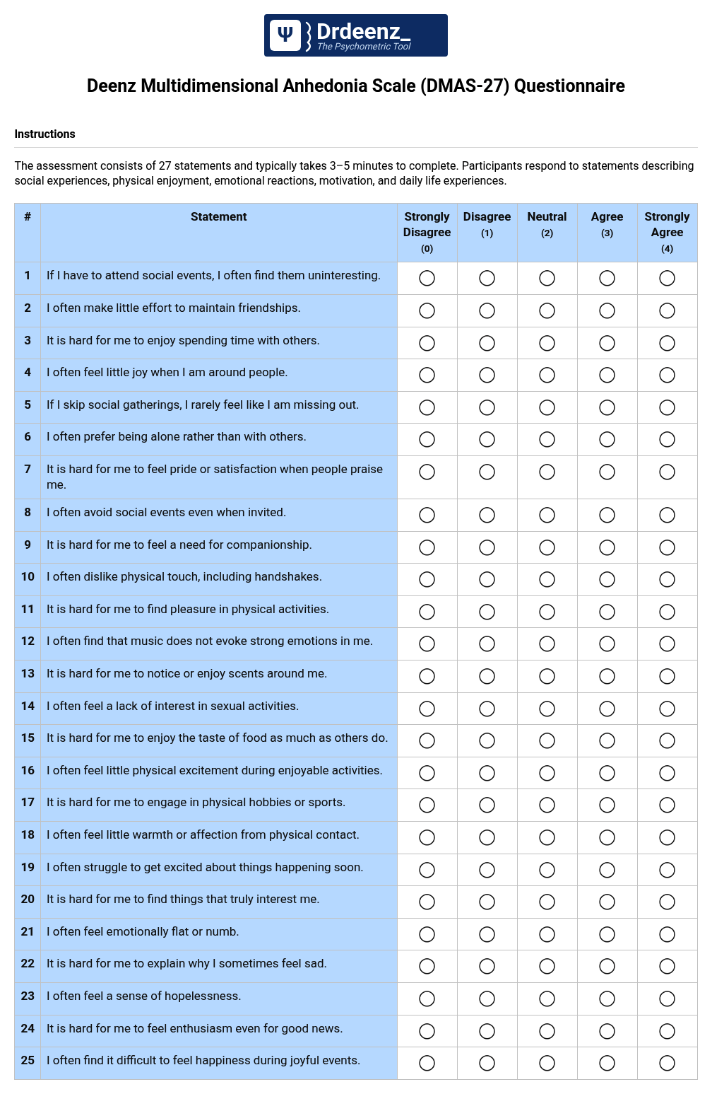 Deenz Multidimensional Anhedonia Scale (DMAS-27) Questionnaire PDF