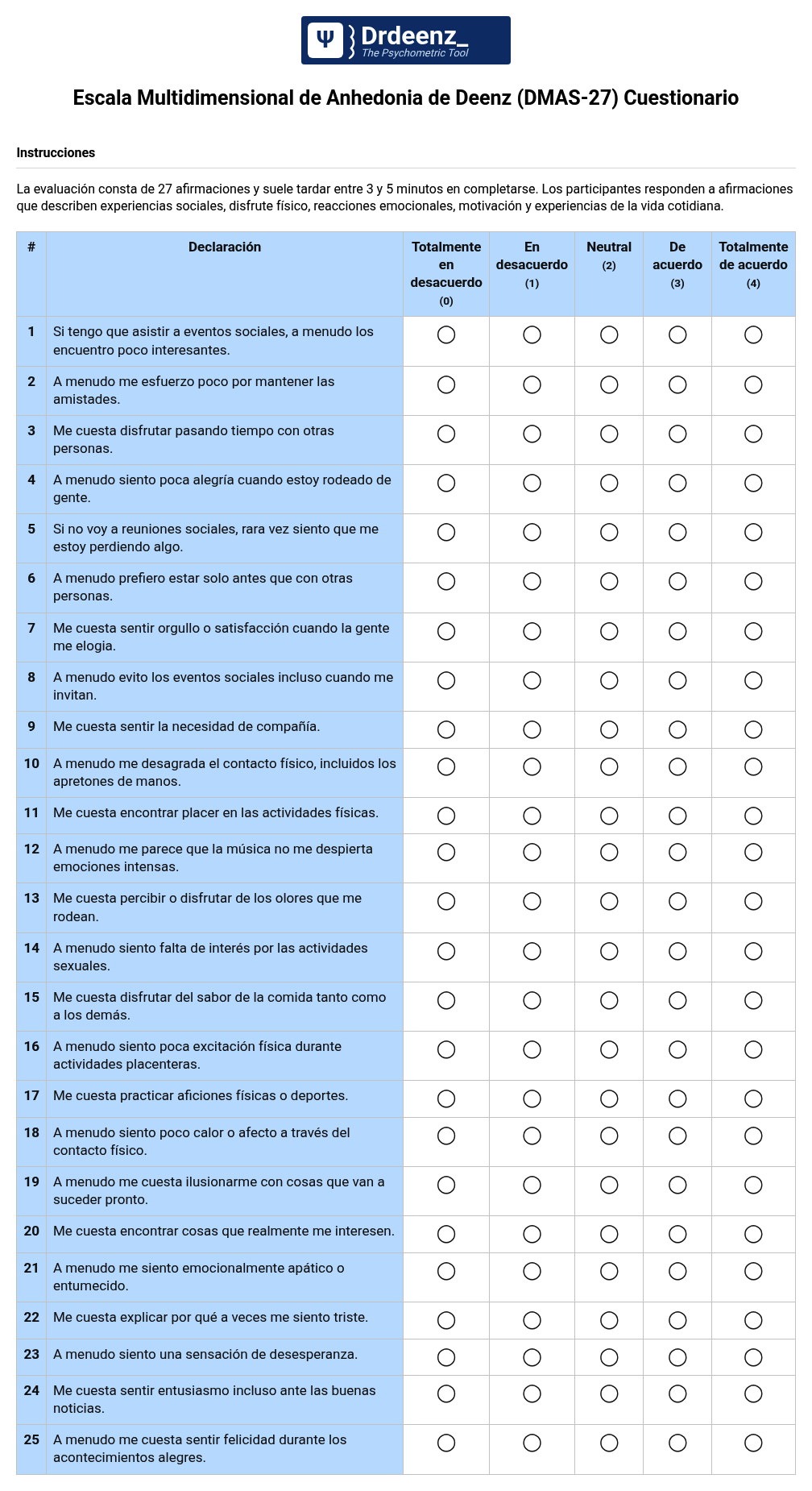Escala Multidimensional de Anhedonia de Deenz (DMAS-27) Cuestionario en PDF