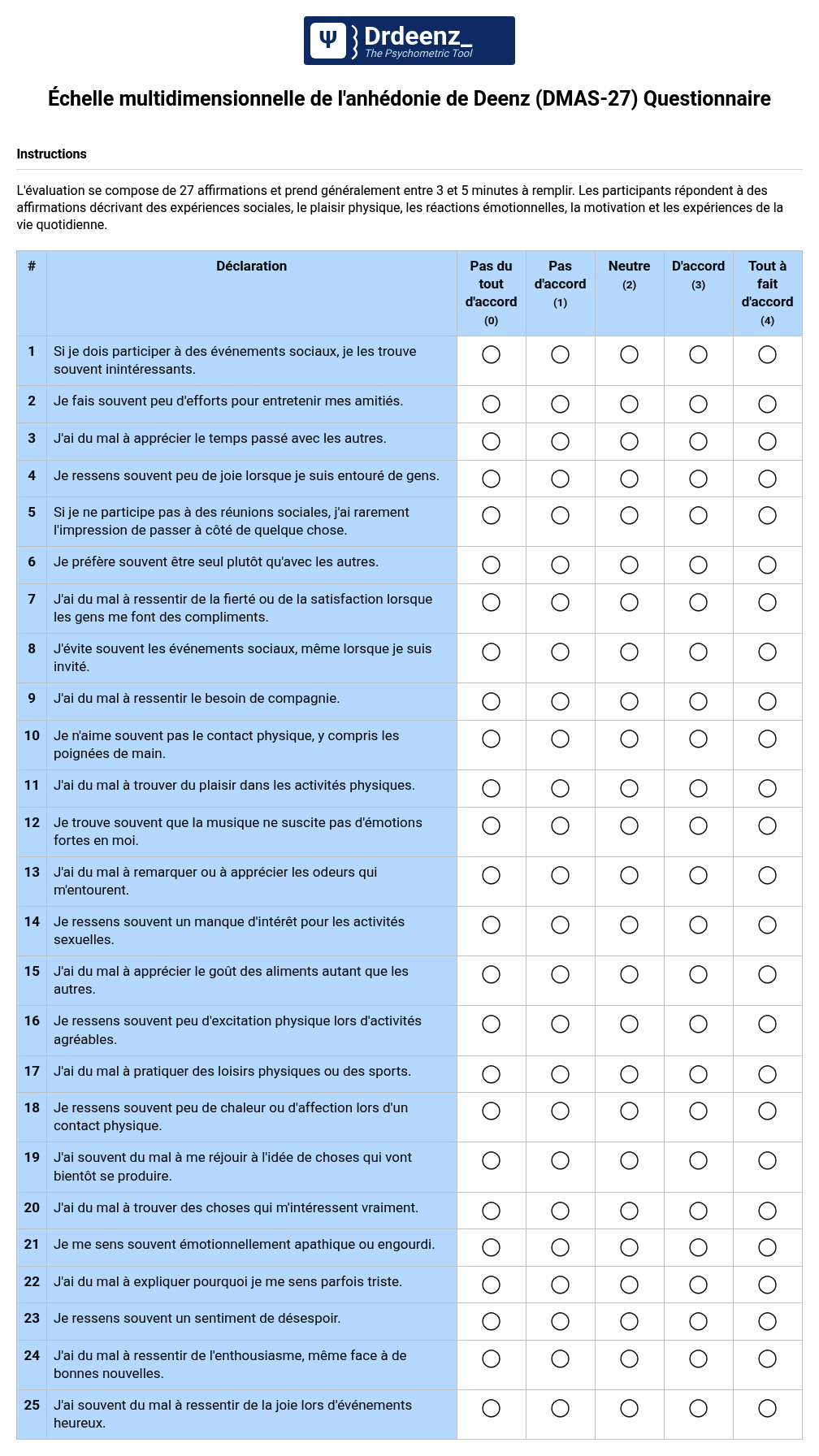 Échelle multidimensionnelle de l'anhédonie de Deenz (DMAS-27) Questionnaire au format PDF