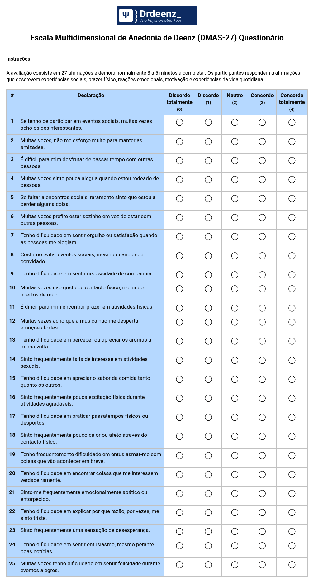 Escala Multidimensional de Anedonia de Deenz (DMAS-27) Questionário em PDF