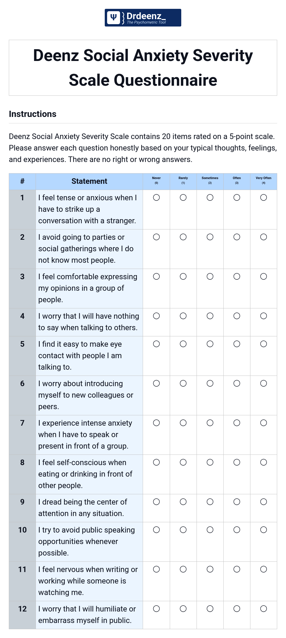 Deenz Social Anxiety Severity Scale Questionnaire PDF
