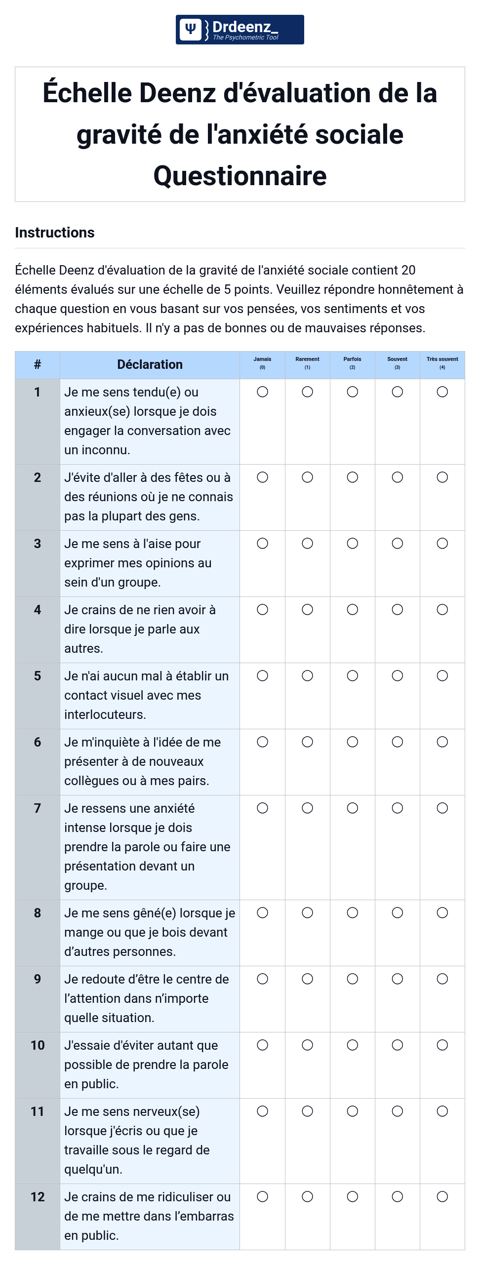 Échelle Deenz d'évaluation de la gravité de l'anxiété sociale Questionnaire au format PDF