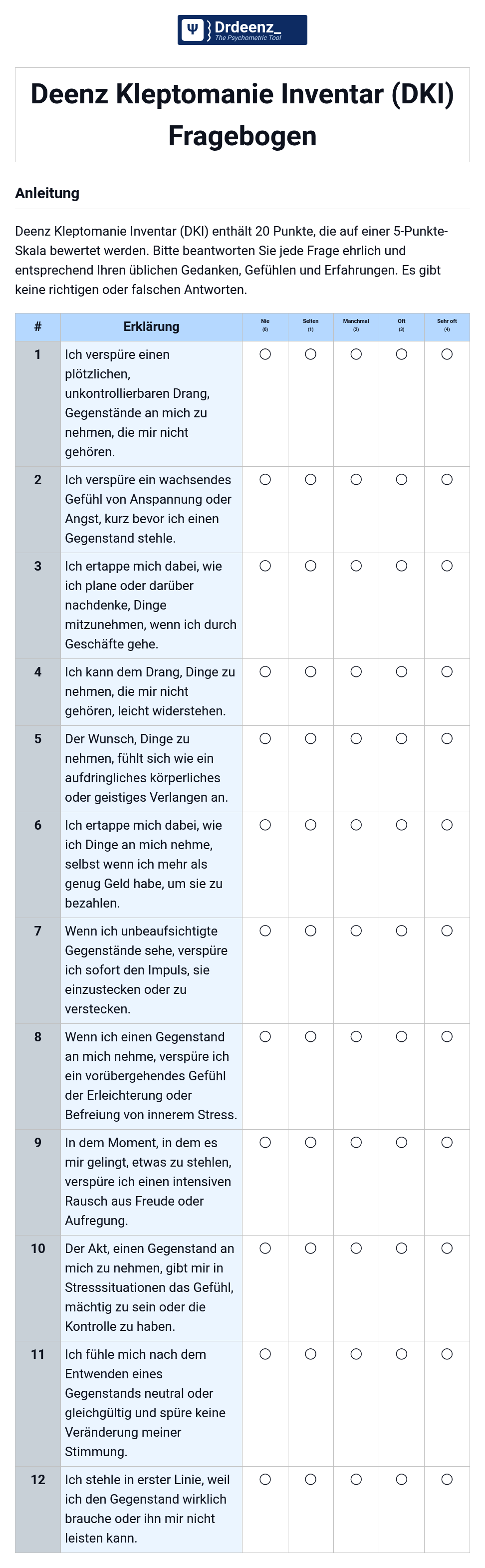 Deenz Kleptomanie Inventar (DKI) Fragebogen (PDF)