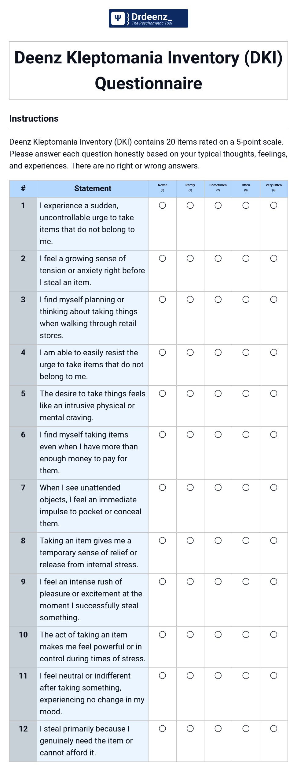 Deenz Kleptomania Inventory (DKI) Questionnaire PDF