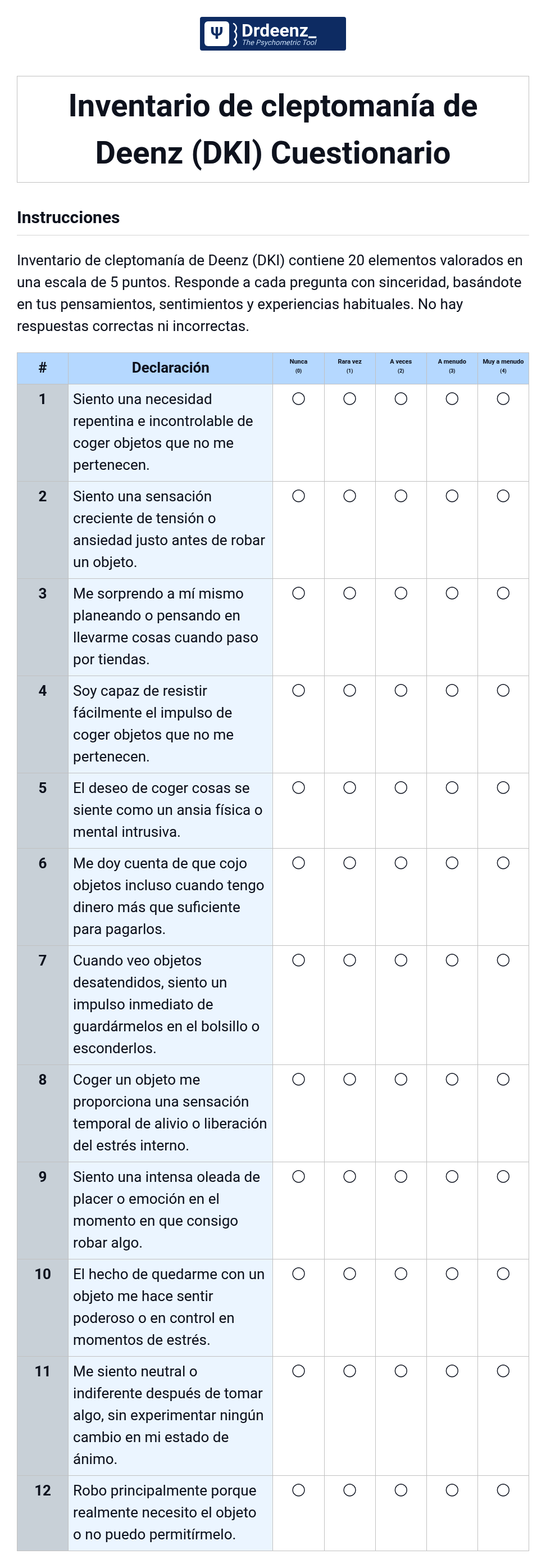 Inventario de cleptomanía de Deenz (DKI) Cuestionario en PDF