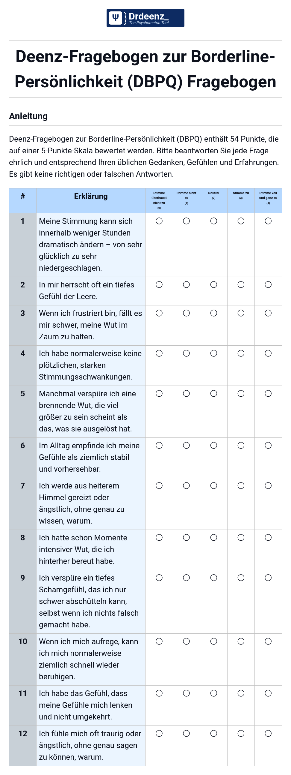 Deenz-Fragebogen zur Borderline-Persönlichkeit (DBPQ) Fragebogen (PDF)