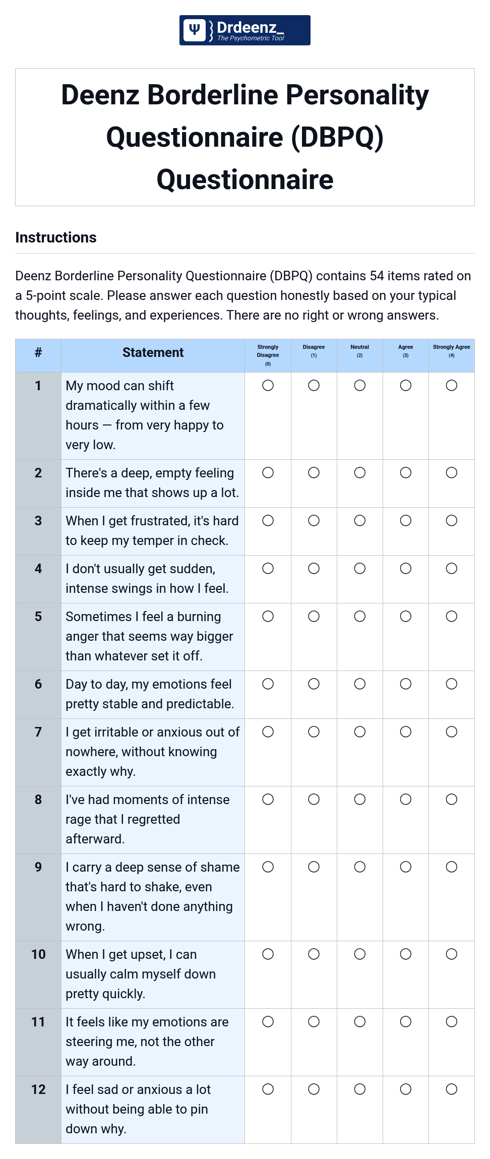 Deenz Borderline Personality Questionnaire (DBPQ) Questionnaire PDF