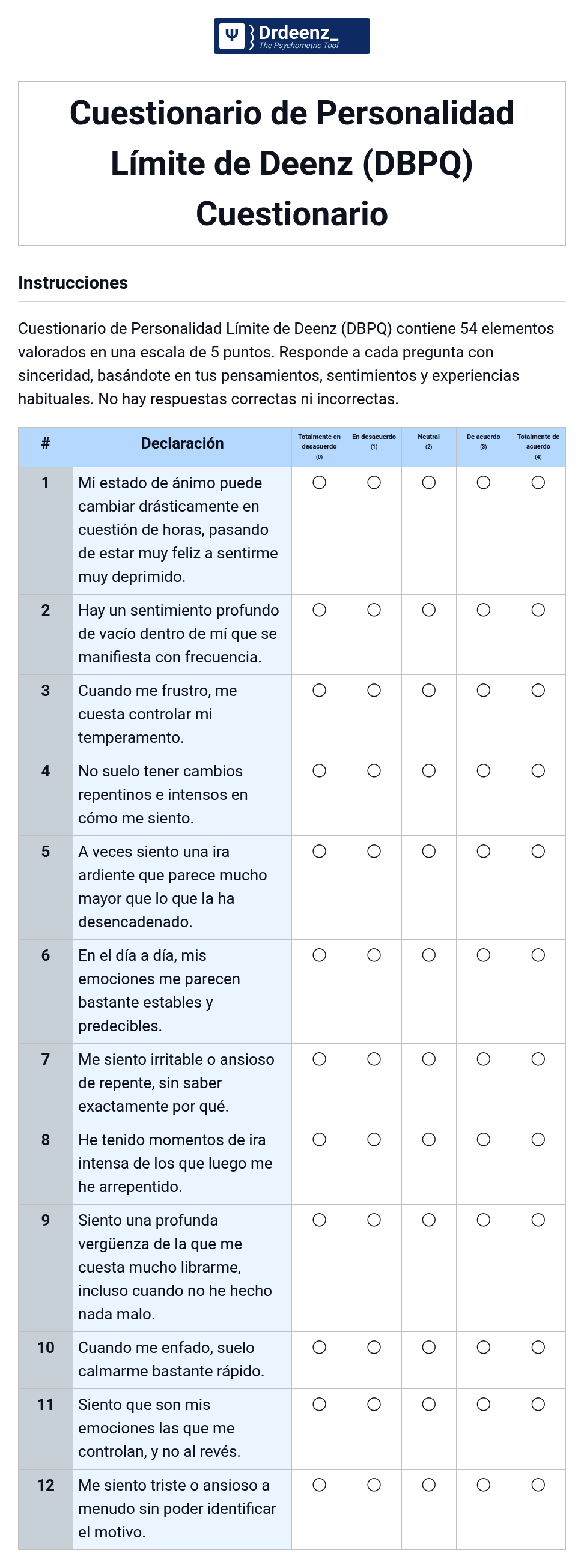 Cuestionario de Personalidad Límite de Deenz (DBPQ) Cuestionario en PDF