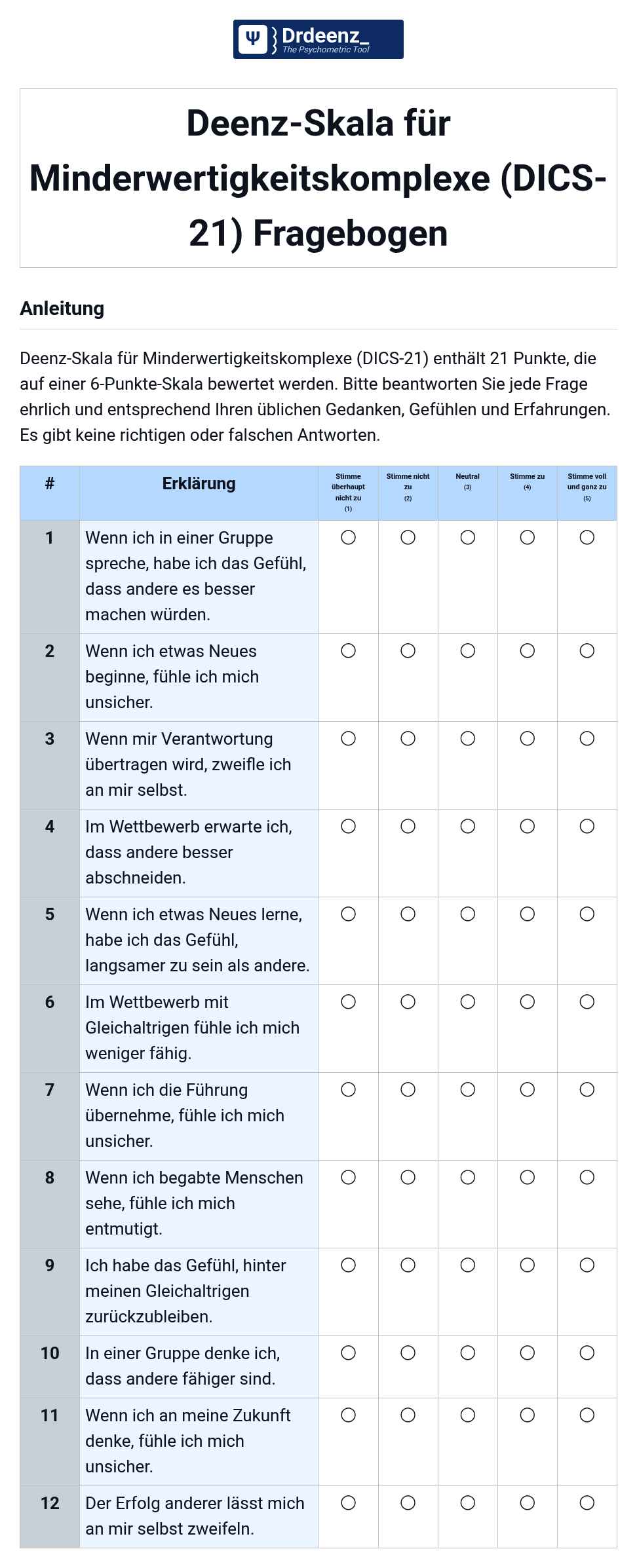 Deenz-Skala für Minderwertigkeitskomplexe (DICS) Fragebogen (PDF)