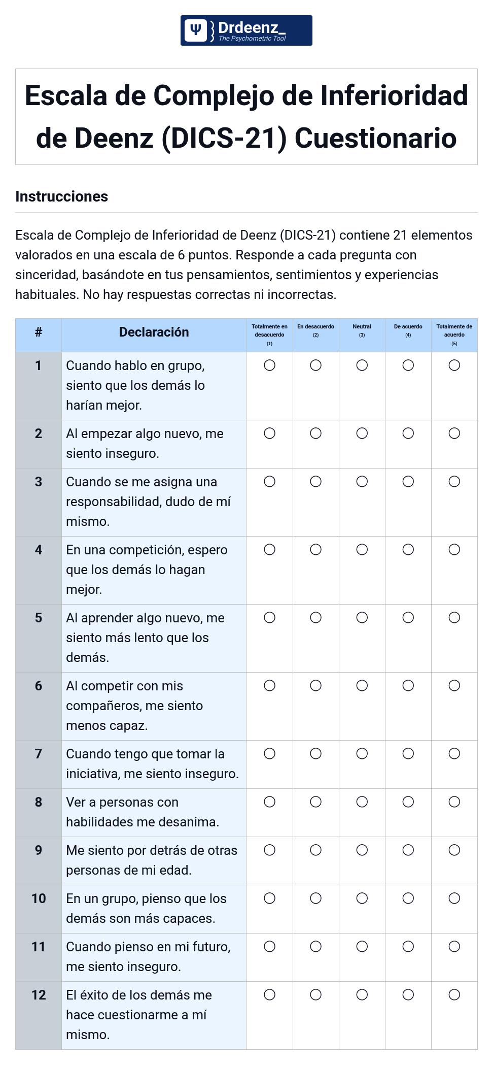 Escala de Complejo de Inferioridad de Deenz (DICS-21) Cuestionario en PDF