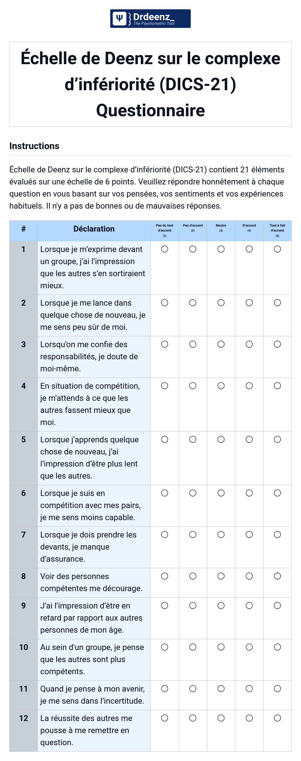 Échelle de Deenz sur le complexe d’infériorité (DICS-21) Questionnaire au format PDF
