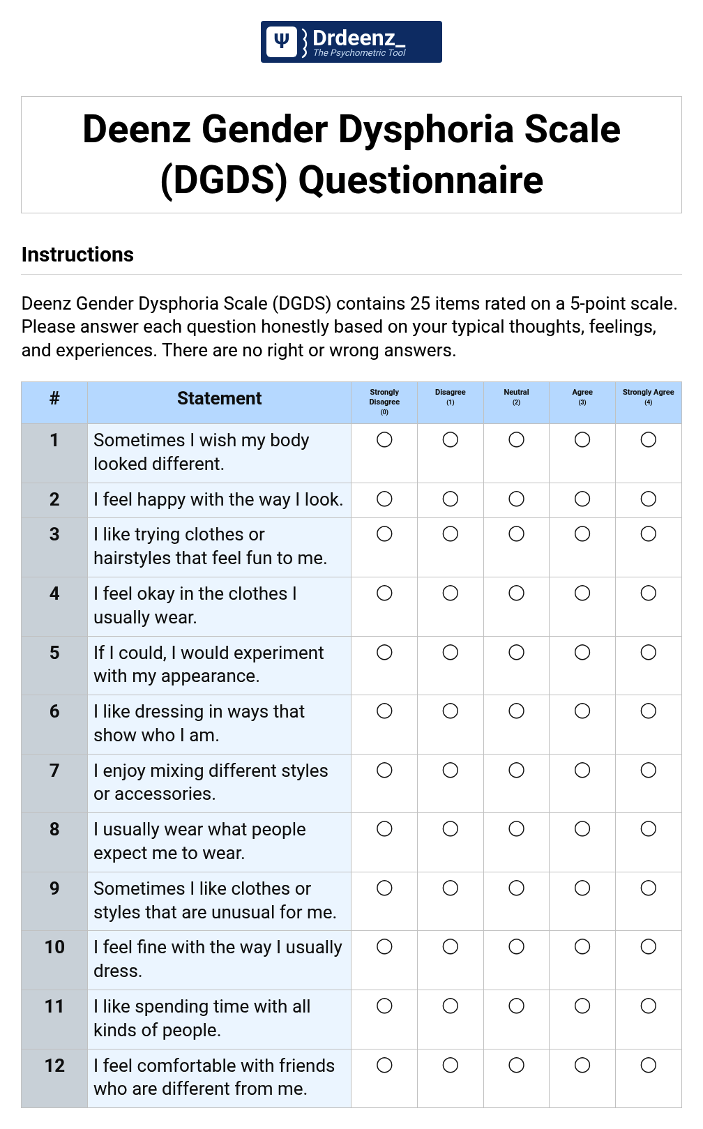 Deenz Gender Dysphoria Scale (DGDS) Questionnaire PDF