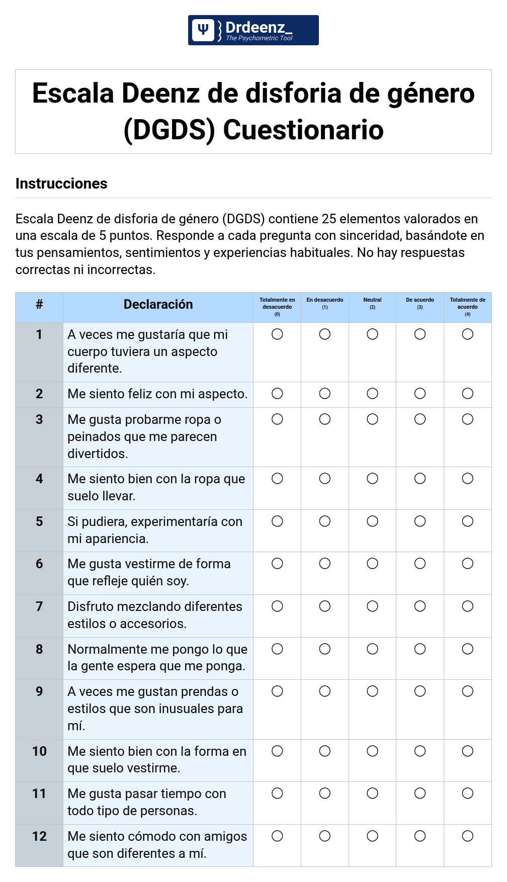 Escala Deenz de disforia de género (DGDS) Cuestionario en PDF