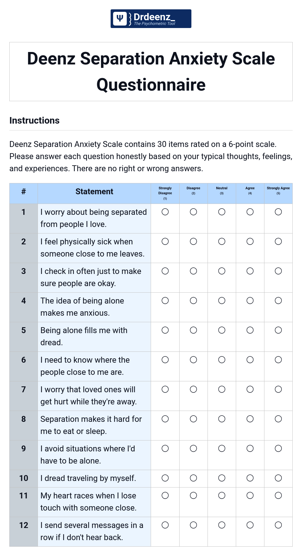 Deenz Separation Anxiety Scale Questionnaire PDF