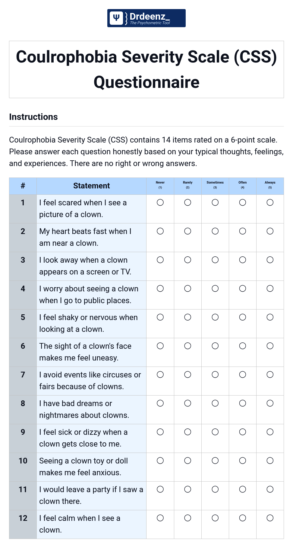 Coulrophobia Severity Scale (CSS) Questionnaire PDF