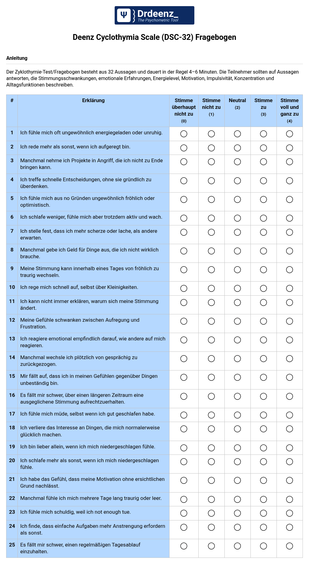 Deenz Cyclothymia Scale (DSC-32) Fragebogen (PDF)