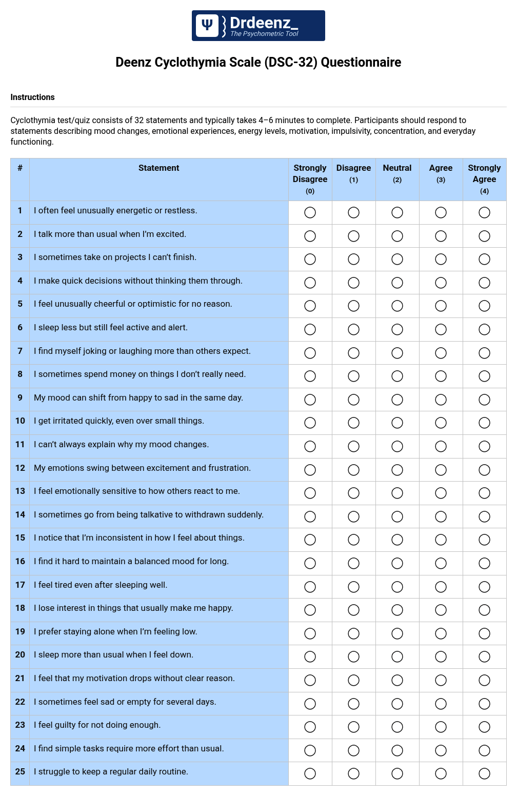 Deenz Cyclothymia Scale (DSC-32) Questionnaire PDF