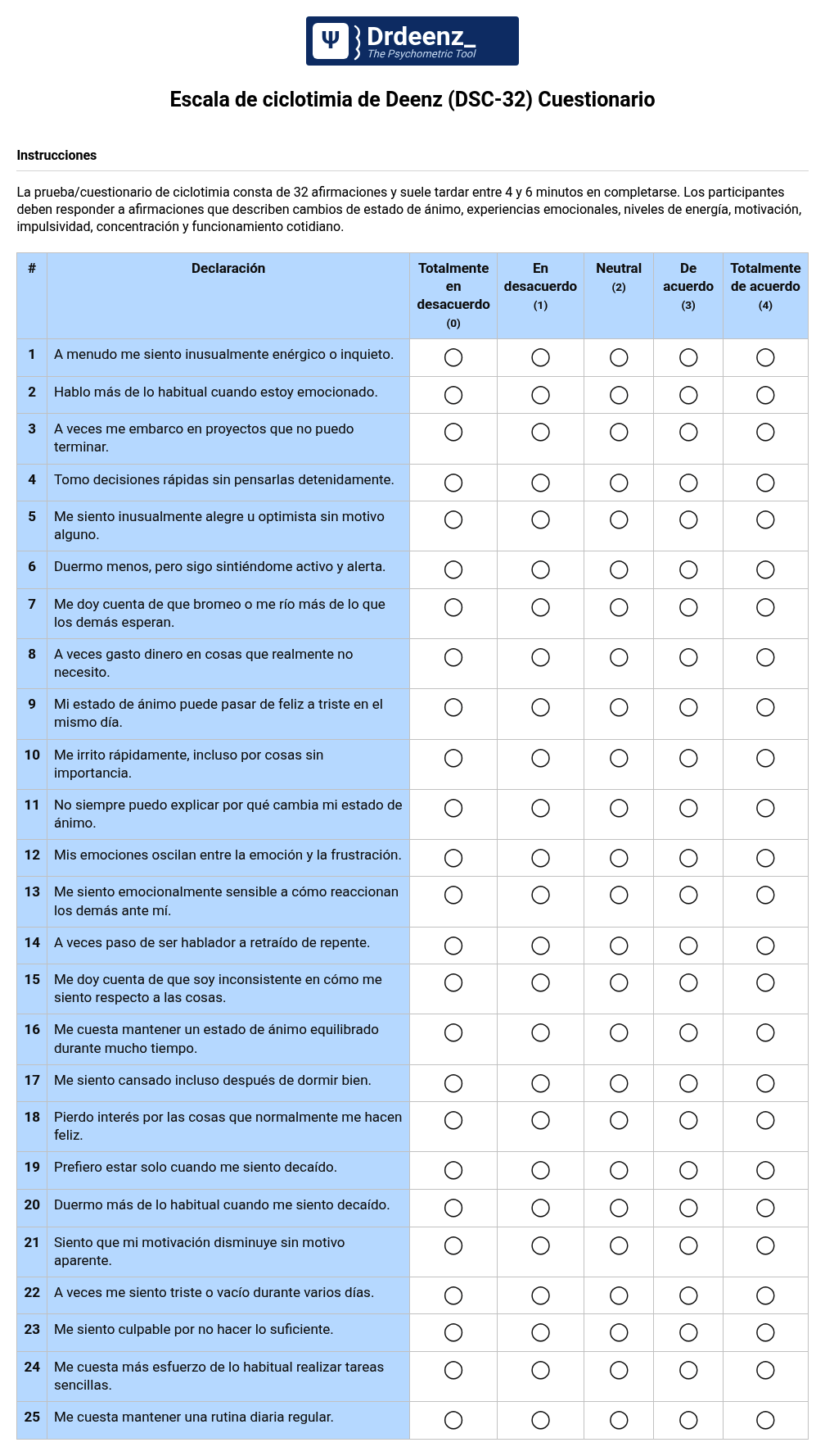 Escala de ciclotimia de Deenz (DSC-32) Cuestionario en PDF