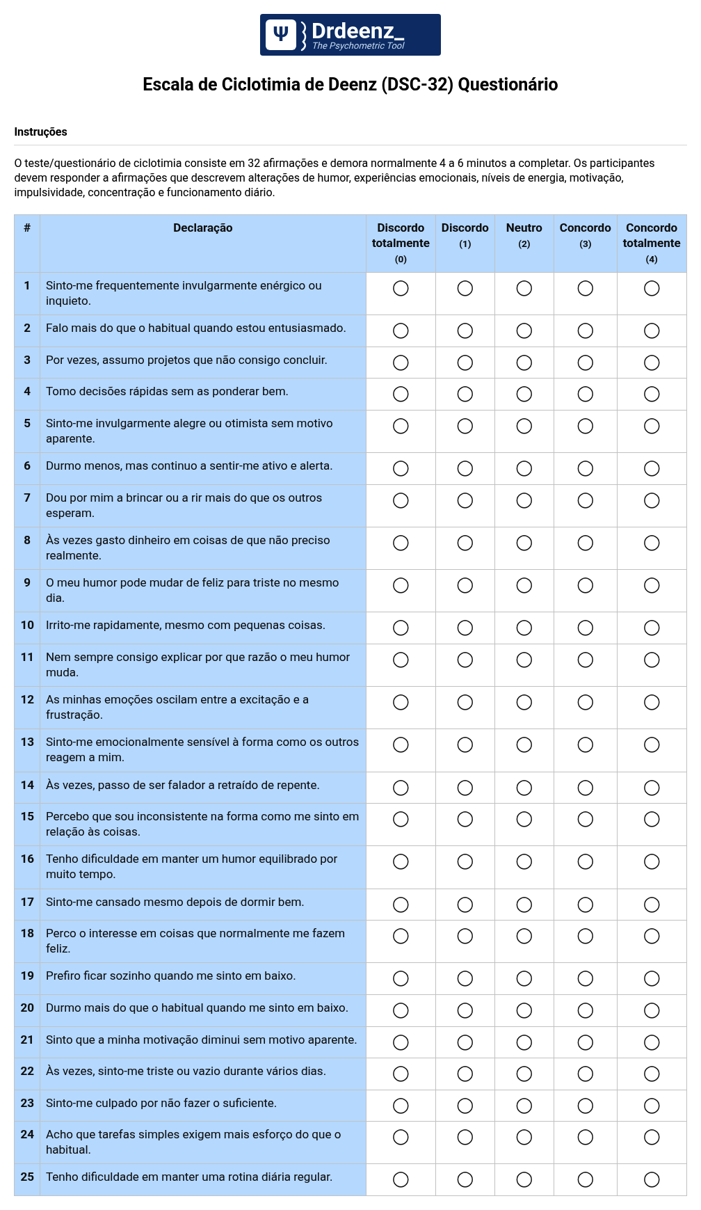 Escala de Ciclotimia de Deenz (DSC-32) Questionário em PDF
