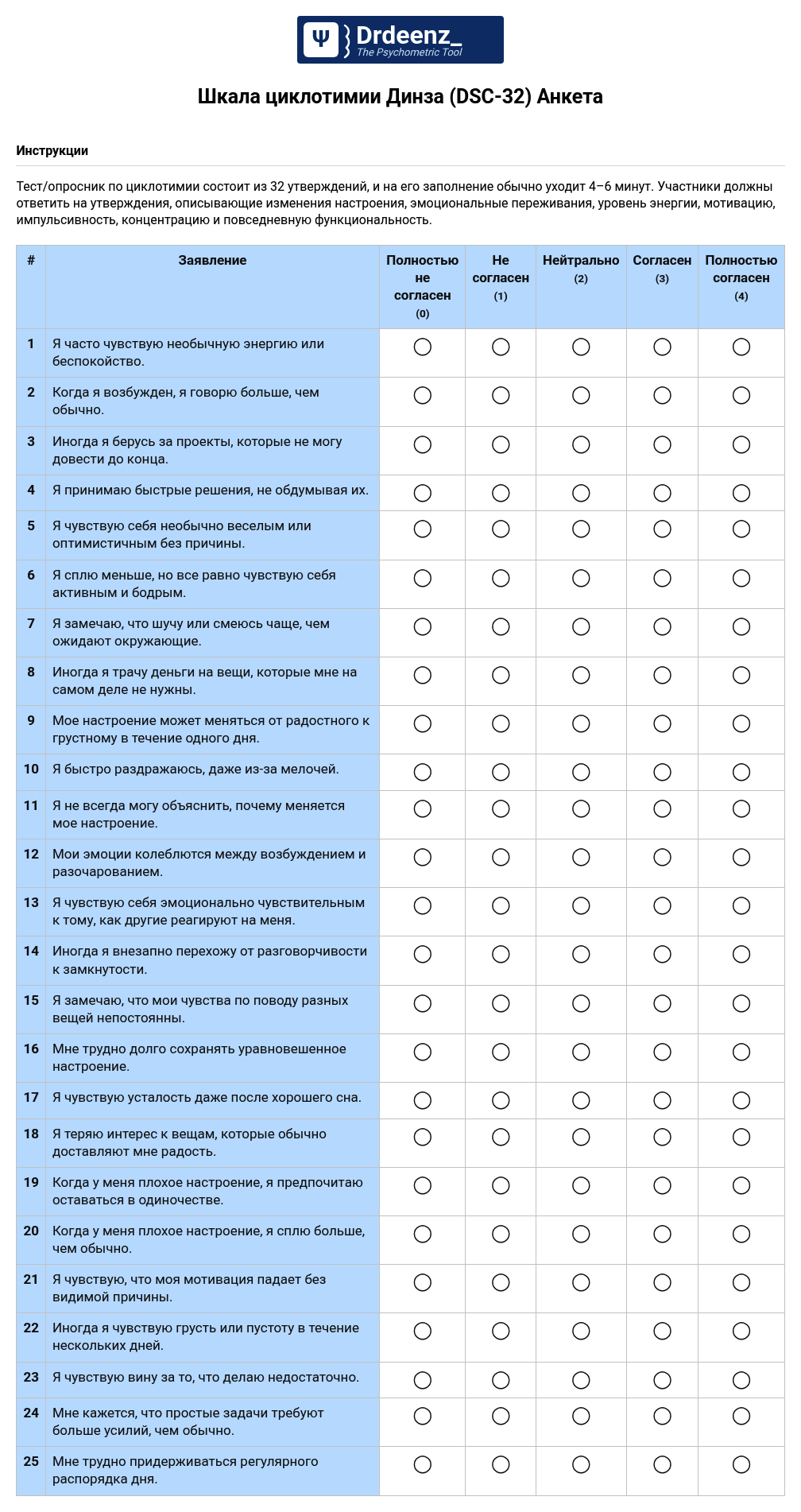 Шкала циклотимии Динза (DSC-32) Анкета в формате PDF